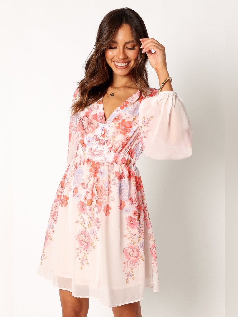 Petal & Pup Hattie Long Sleeve Mini Dress Size Medium Floral Pink